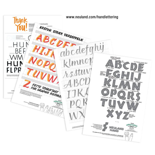 Example sheets in handlettering kit. Neuland products sold in the UK by official reseller, Inky Thinking.