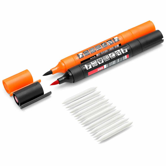 Set of 10 replacement nibs for the Neuland TwinOne marker with chisel and brush nibs. Sold in UK via Inky Thinking, official reseller.