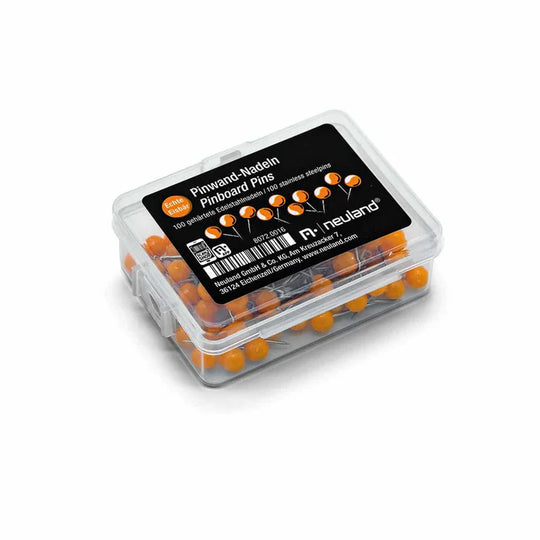 Neuland orange pinboard pins, thin fine shaft. Sold in UK via Inky Thinking GB Shop. Official Reseller.