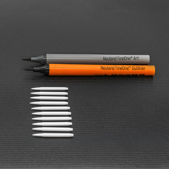 Set of 10 replacement nibs for Neuland FineOne art brush nib marker pens.  Sold in the UK by official reseller, Inky Thinking.