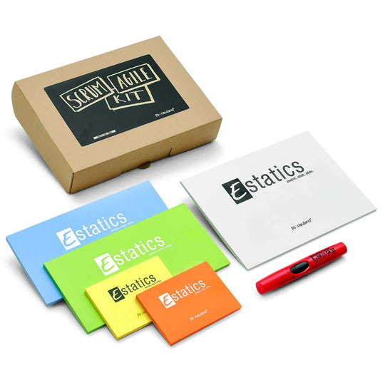 Scrum Agile Kit in a brown box, with contents including Estatics (electrostatically charged sticky notes) and black marker pen. Sold in UK by Inky Thinking Shop, official GB reseller.