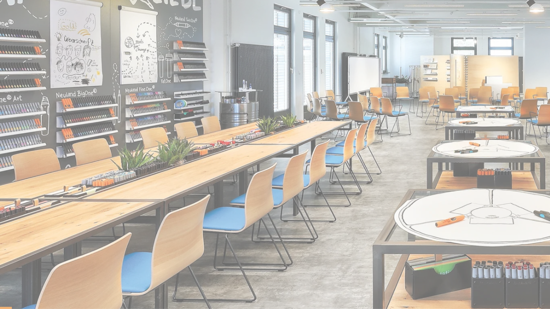 Neuland Playground workshop space with pinboards, flip charts, graphics boards.
