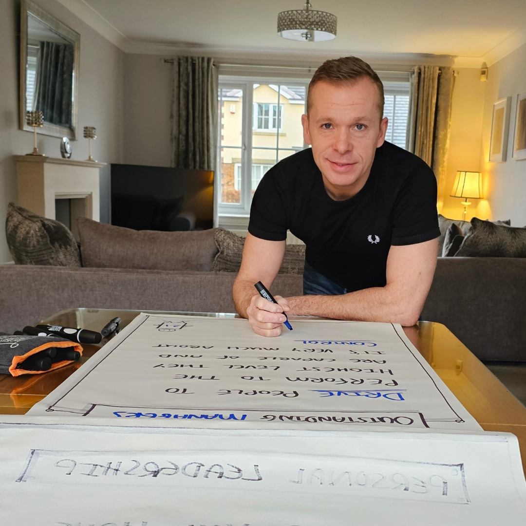 Photo of Glenn Smith from Gherkin Associates & The Living Leader preparing flipcharts on table using Neuland marker pens from Inky Thinking UK Shop