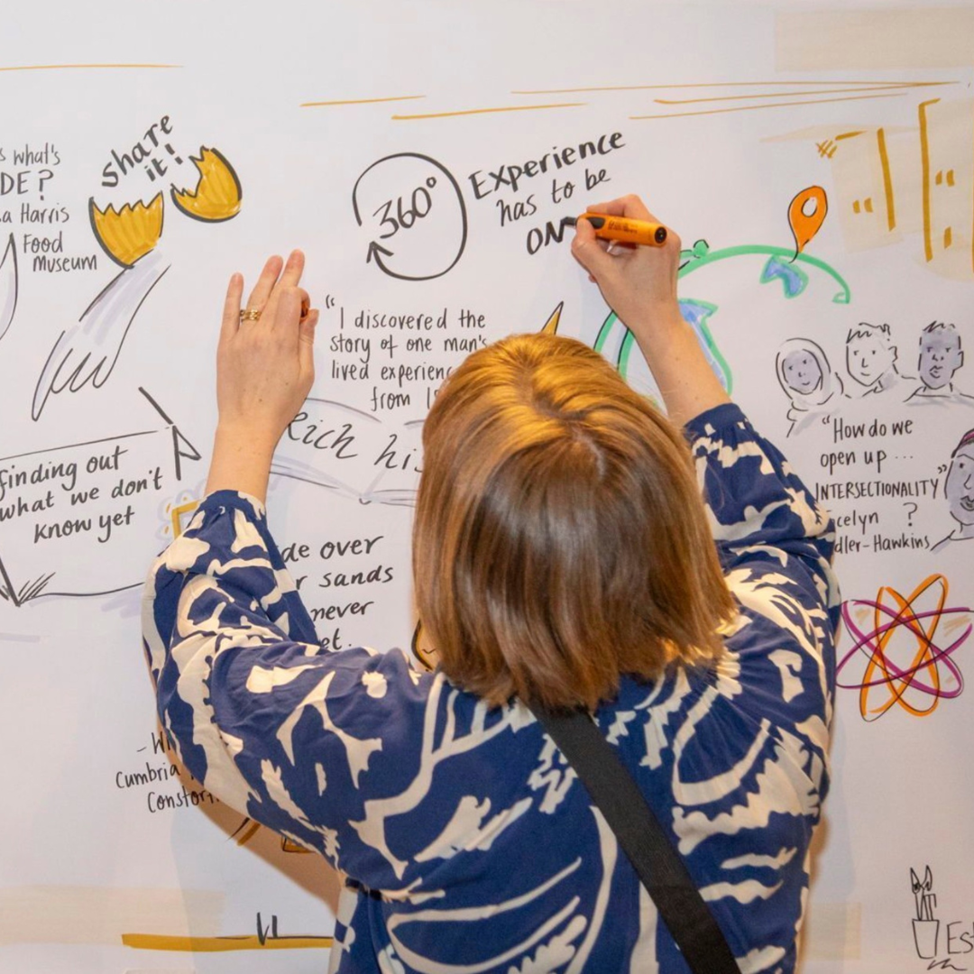 Esther Springett illustrating on meeting room wall with Neuland markers