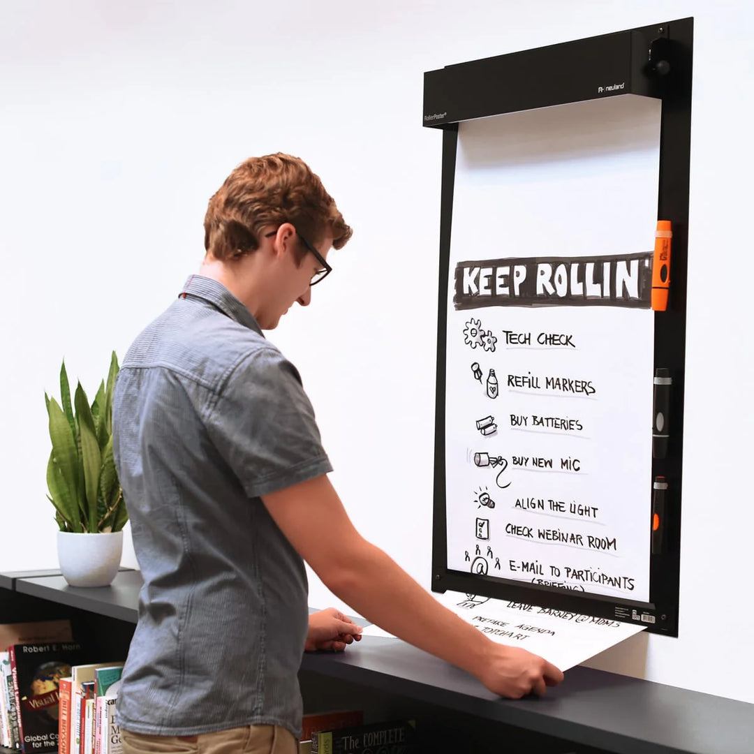 Neuland RollerPoster®, wall-mounted roller flipchart for use on home wall, office/meeting wall or for online training. Available with black and white paper rolls. Sold in the UK by Neuland re-seller Inky Thinking 