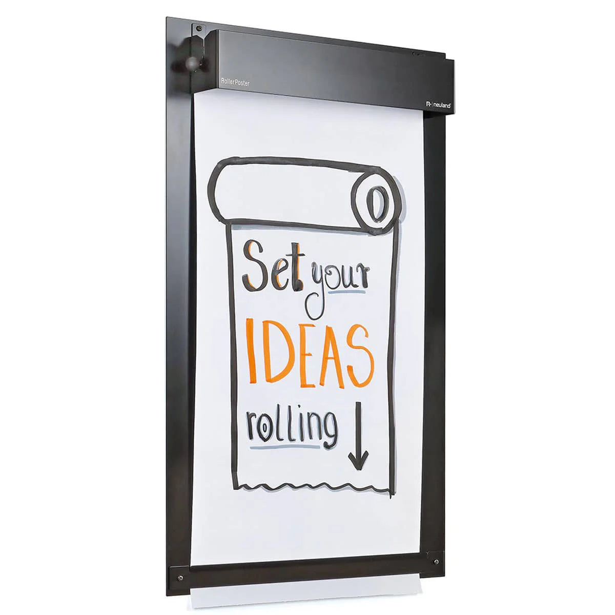 Neuland RollerPoster®, wall-mounted roller flipchart for use on home wall, office/meeting wall or for online training. Available with black and white paper rolls. Sold in the UK by Neuland re-seller Inky Thinking 