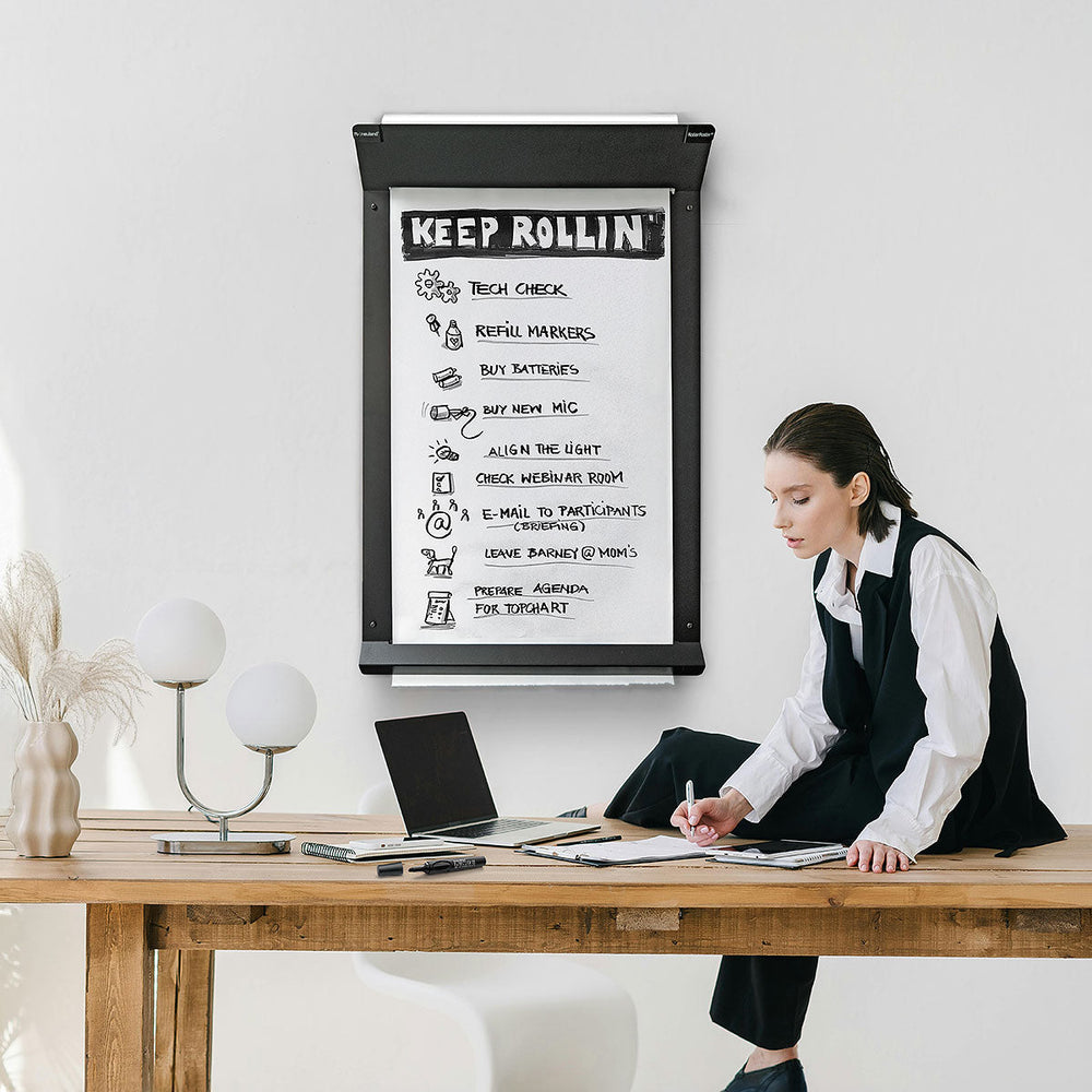 Magnetic RollerPoster® V2, a wall mounted flipchart with a roller mechanism for ease of pulling down paper. Sold in UK by Neuland reseller, Inky Thinking.
