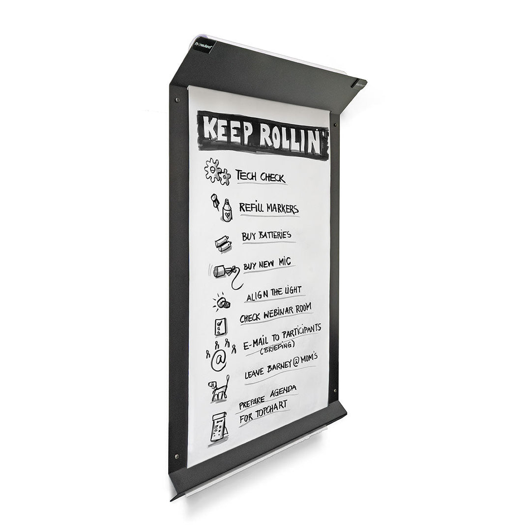 Magnetic RollerPoster® V2, a wall mounted flipchart with a roller mechanism for ease of pulling down paper. Sold in UK by Neuland reseller, Inky Thinking.