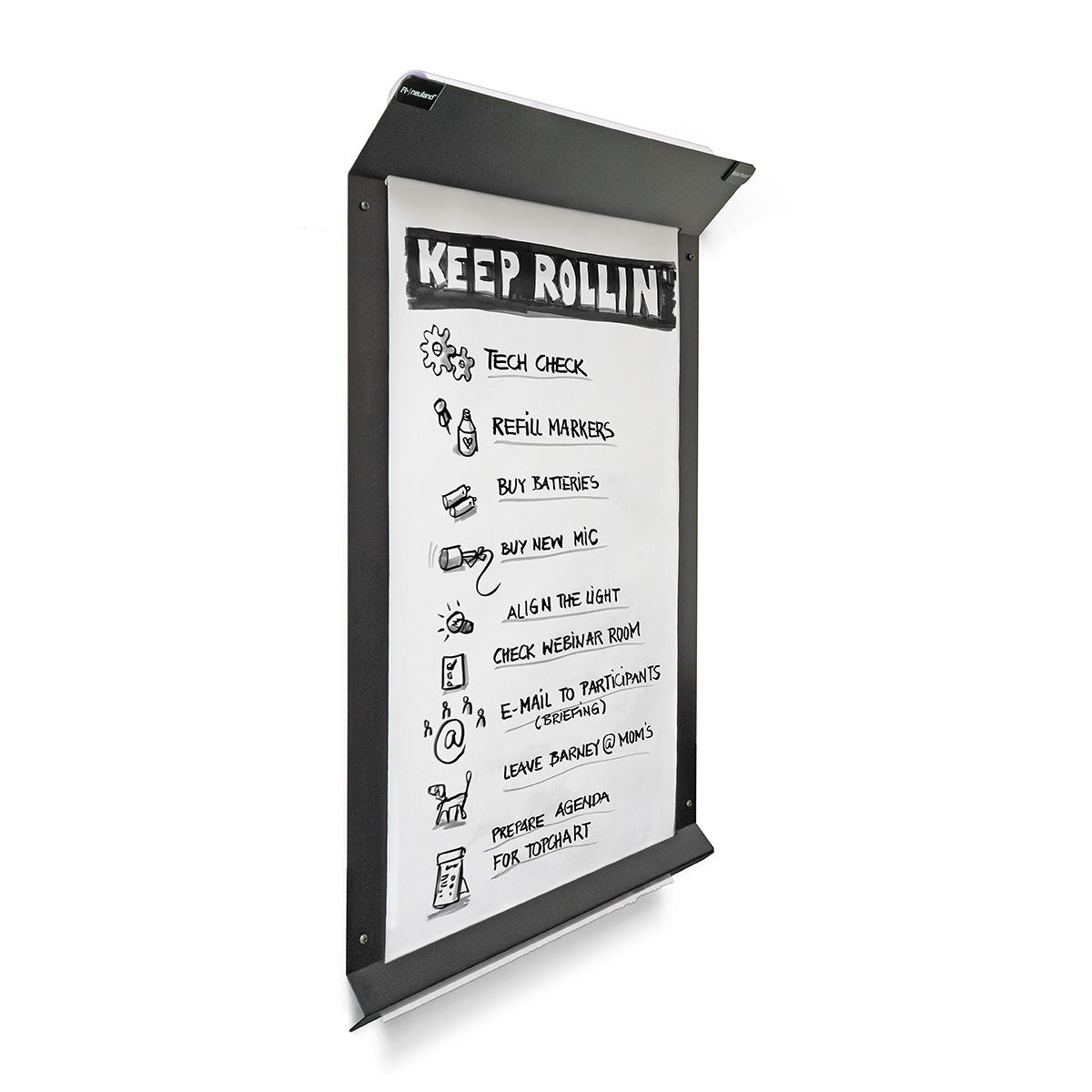 Magnetic RollerPoster® V2, a wall mounted flipchart with a roller mechanism for ease of pulling down paper. Sold in UK by Neuland reseller, Inky Thinking.
