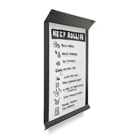 Magnetic RollerPoster® V2, a wall mounted flipchart with a roller mechanism for ease of pulling down paper. Sold in UK by Neuland reseller, Inky Thinking.