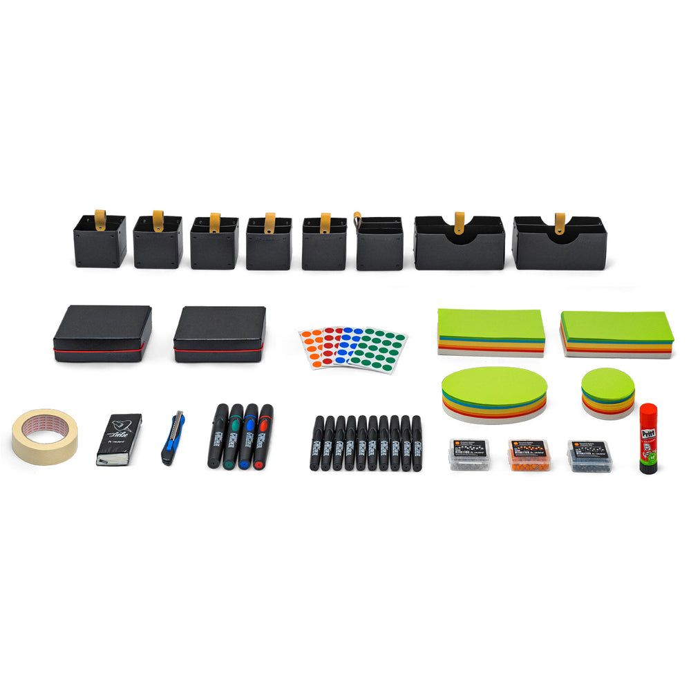 Contents of Neuland Novario WorkshopCase Pin-It Basic, full of pinnable visual facilitation kit and refillable markers sold in UK by Inky Thinking online Shop