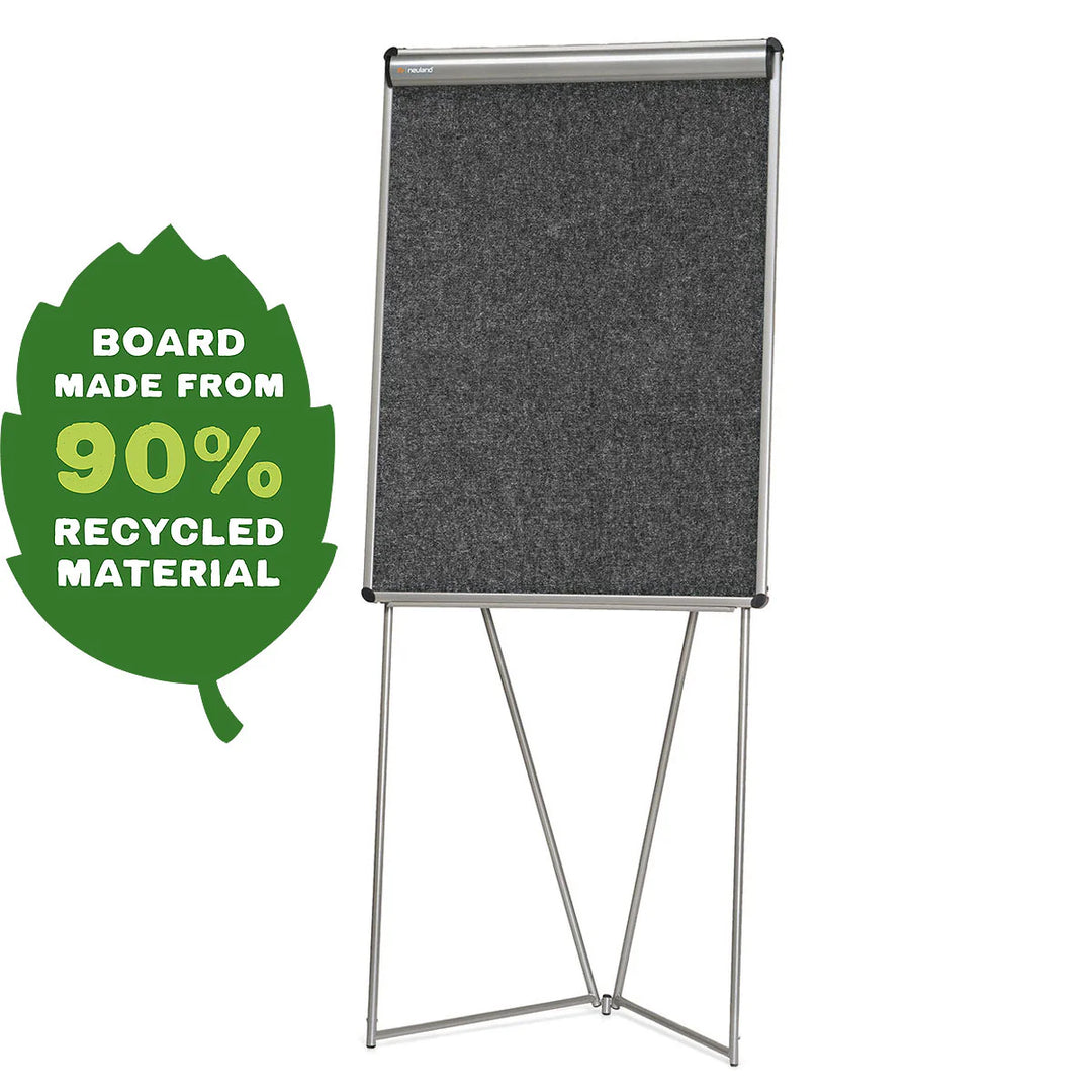 Gray stand-up display board with a green label indicating 90% recycled material on a white background. Neuland FlipChart EuroFlip® R-ECO sold in UK by Inky Thinking Shop.