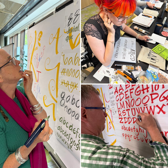 Collage of people working on calligraphy and lettering projects with Heather Martinez in collab with Inky Thinking