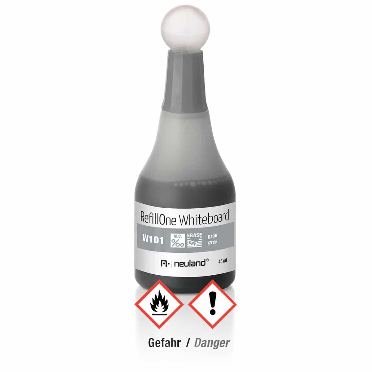 101 grey Neuland Whiteboard RefillOne ink, refill bottle for refillable Whiteboard marker pens. Sold in the UK by official reseller, Inky Thinking.