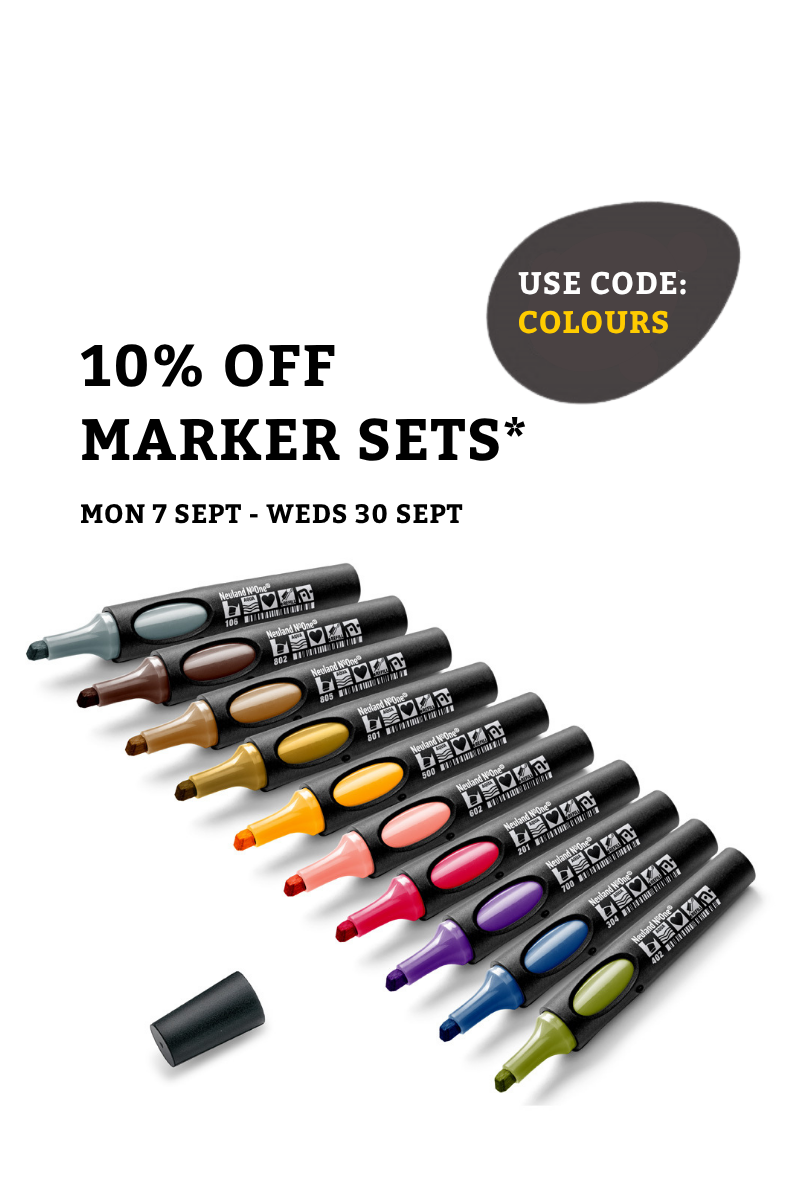 Promotional graphic for Neuland coloured  marker sets with text reading 'READY TO WORK 10% OFF MARKER SETS*' and a sale date, plus a diagonal row of coloured refillable markers on a white background.