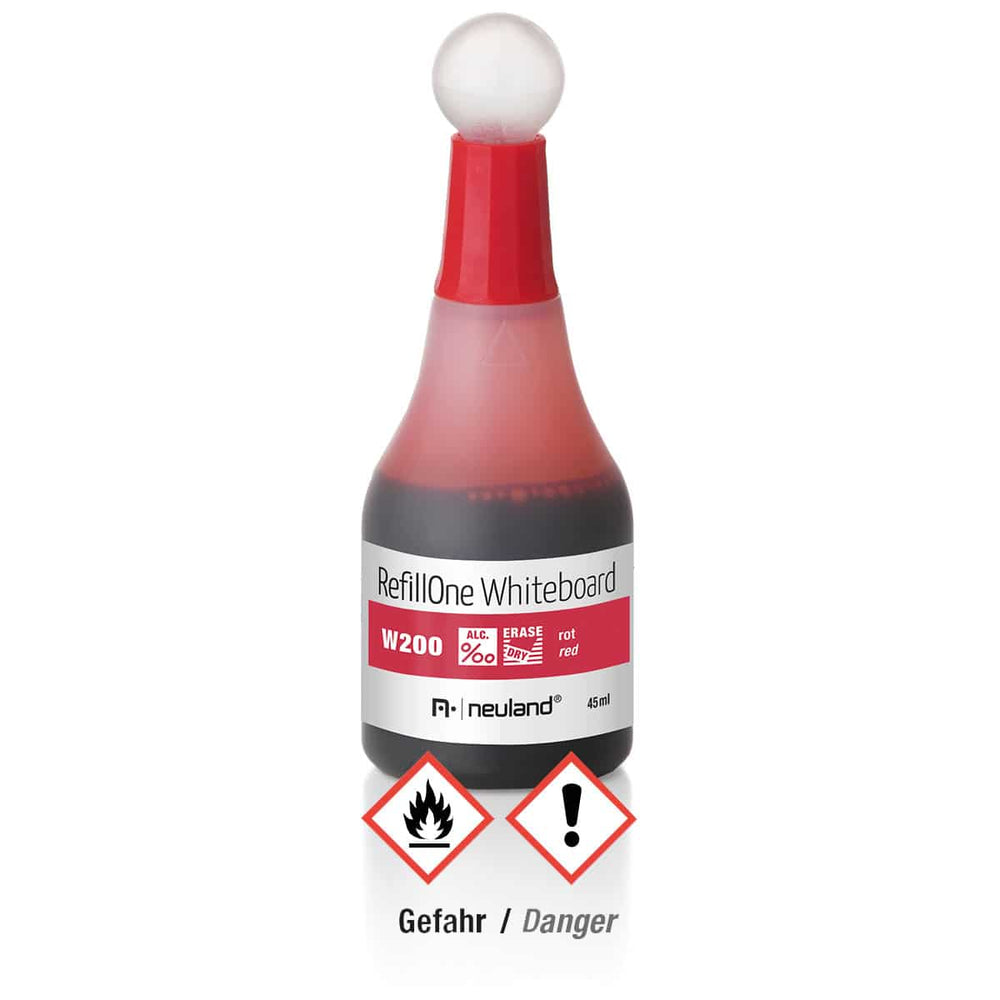 200 red Neuland Whiteboard RefillOne ink, refill bottle for refillable Whiteboard marker pens. Sold in the UK by official reseller, Inky Thinking.