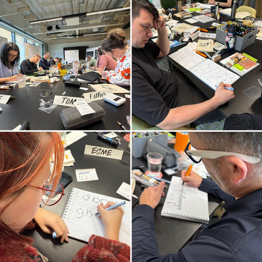 Collage of people working at a table with handlettering notebooks and pens, in an office setting. with Heather Martinez in collab with Inky Thinking