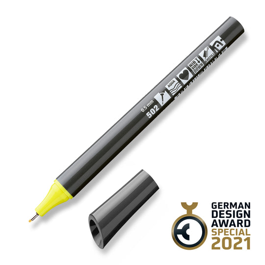 502 pastel yellow Neuland FineOne sketch, 0.5mm nib marker pen. Sold in the UK by official reseller, Inky Thinking.