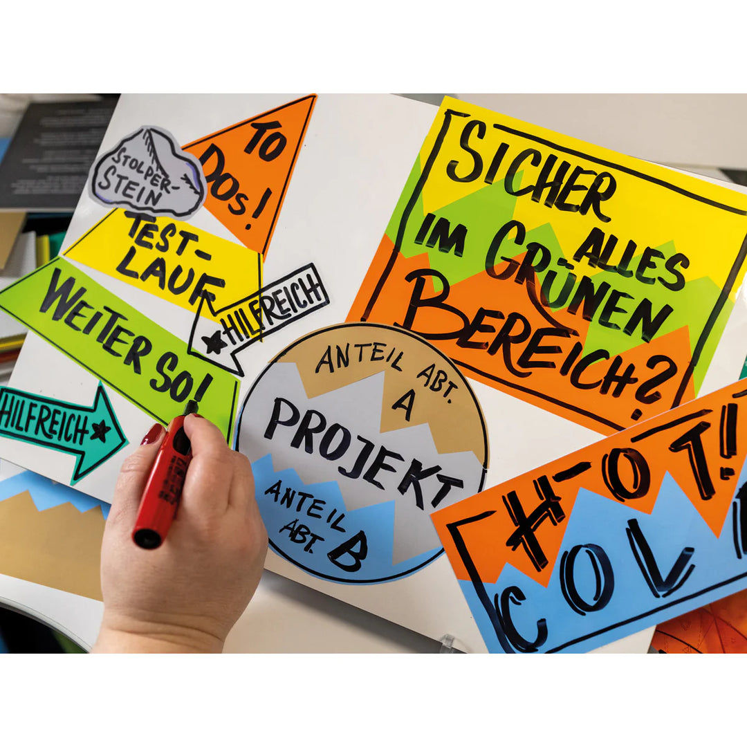 Electrostatically charged sticky notes for meeting room walls, glass, doors, for mind mapping, team conversations, visual facilitation. Neuland Estatics are sold in the UK by Inky Thinking Shop, official Neuland reseller.