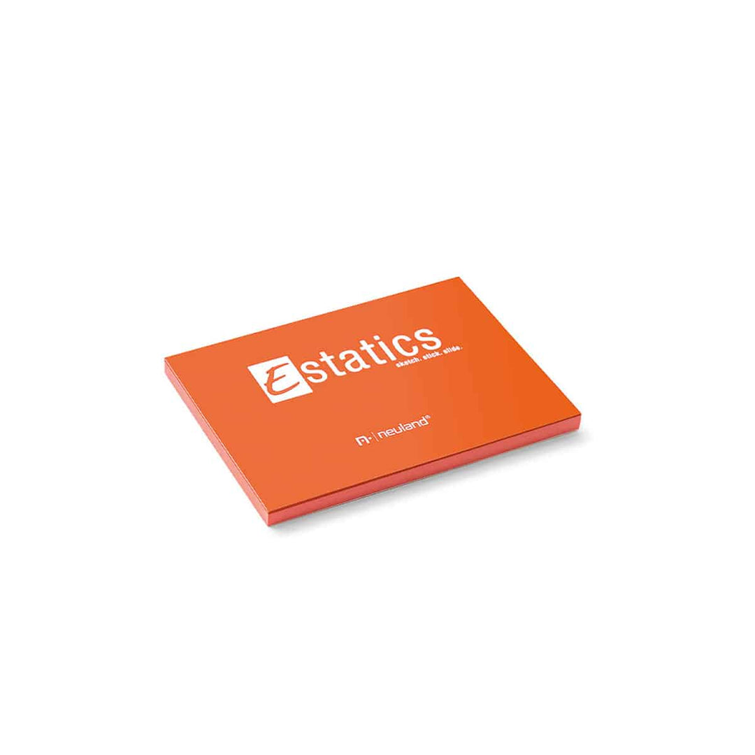 Electrostatically charged sticky notes for meeting room walls, glass, doors, for mind mapping, team conversations, visual facilitation. Neuland Estatics, orange are sold in the UK by Inky Thinking Shop, official Neuland reseller.