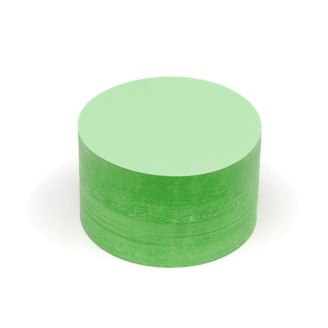 Stack of Neuland Pin-It Workshop Cards, circular paper shapes, green, for group thoughts, facilitation and training and use on Pinboards. Sold in the UK by Inky Thinking Shop, official Neuland reseller.