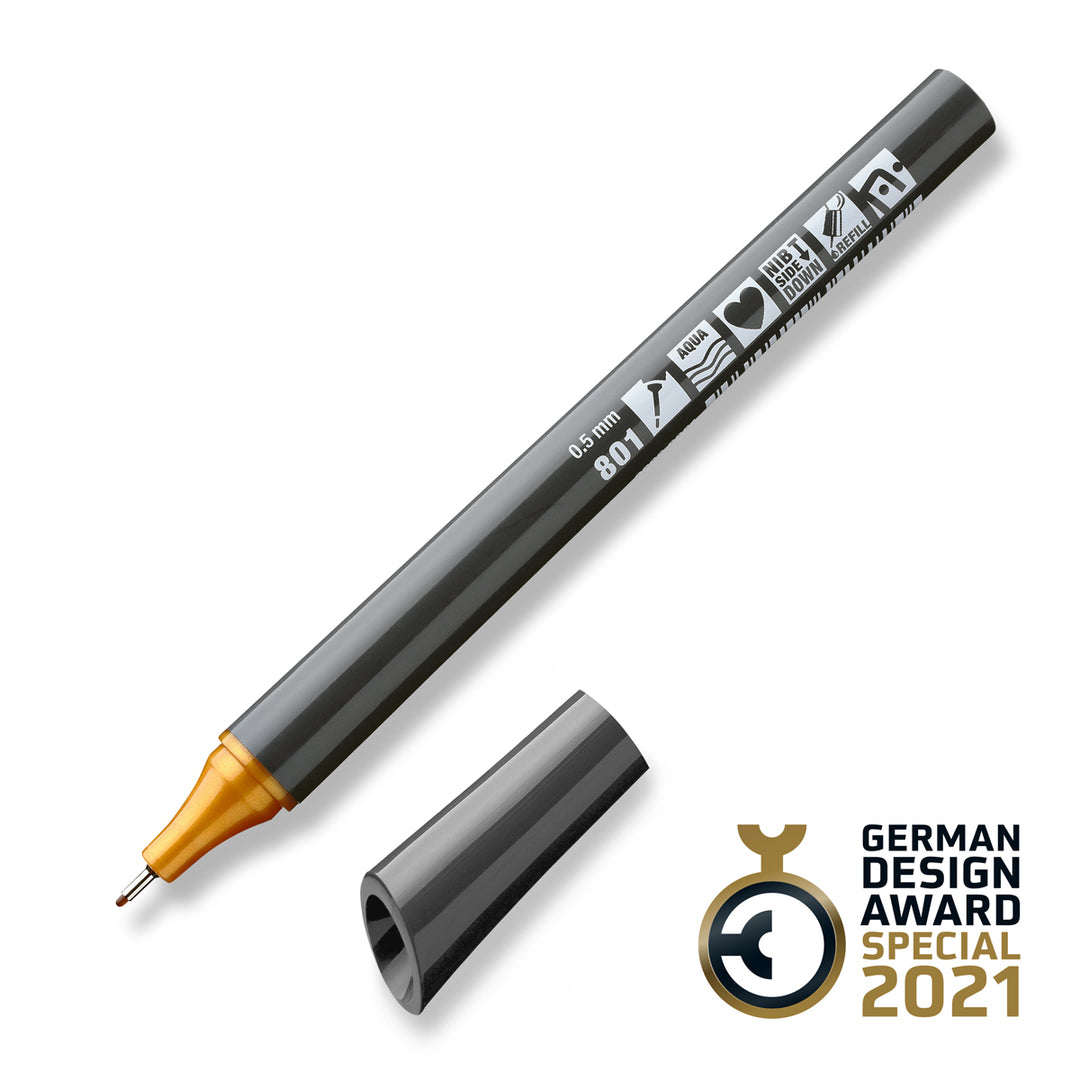 801 golden ochre Neuland FineOne sketch, 0.5mm nib marker pen. Sold in the UK by official reseller, Inky Thinking.