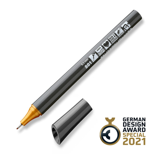 801 golden ochre Neuland FineOne sketch, 0.5mm nib marker pen. Sold in the UK by official reseller, Inky Thinking.