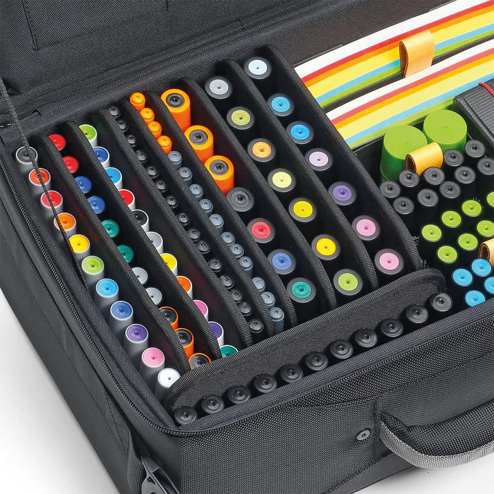 Case full of brightly coloured Neuland markers all stored in size order with the Neuland VarioOne®. A brilliant storage folio panel for those who work with Neuland No.One markers on a regular basis. Sold in UK by Inky Thinking Shop.