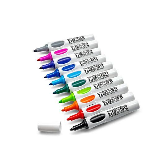 Set of 10 colourful markers on a white background. Neuland No.One® Whiteboard, Round Nib 10-pack set, refillable.