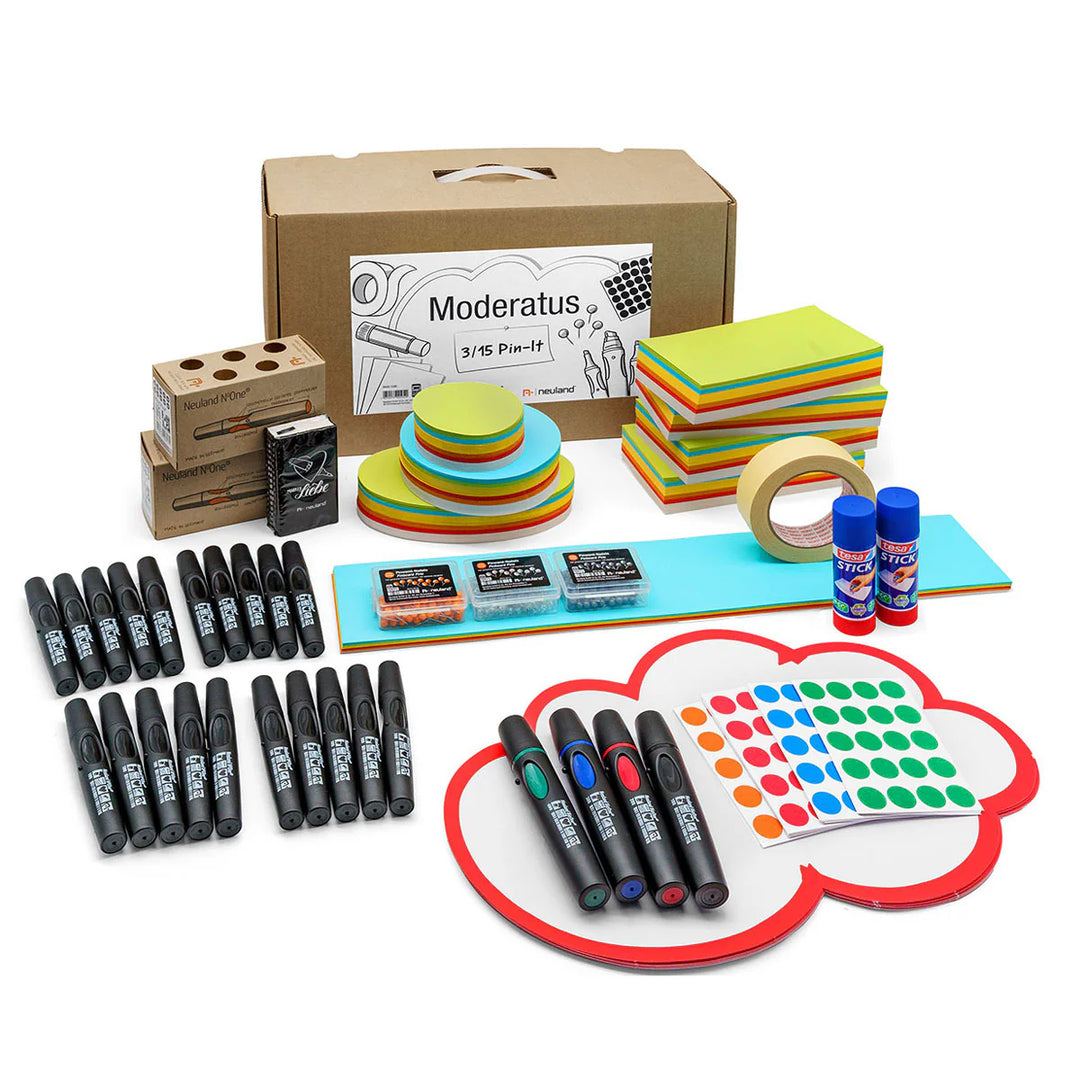 Neuland Moderatus® 3/15, Pin-It contains all the essential core workshop materials you need for up to 15 participants in a 3-day training session all conveniently organised and put together for you! Sold in UK via Inky Thinking online shop