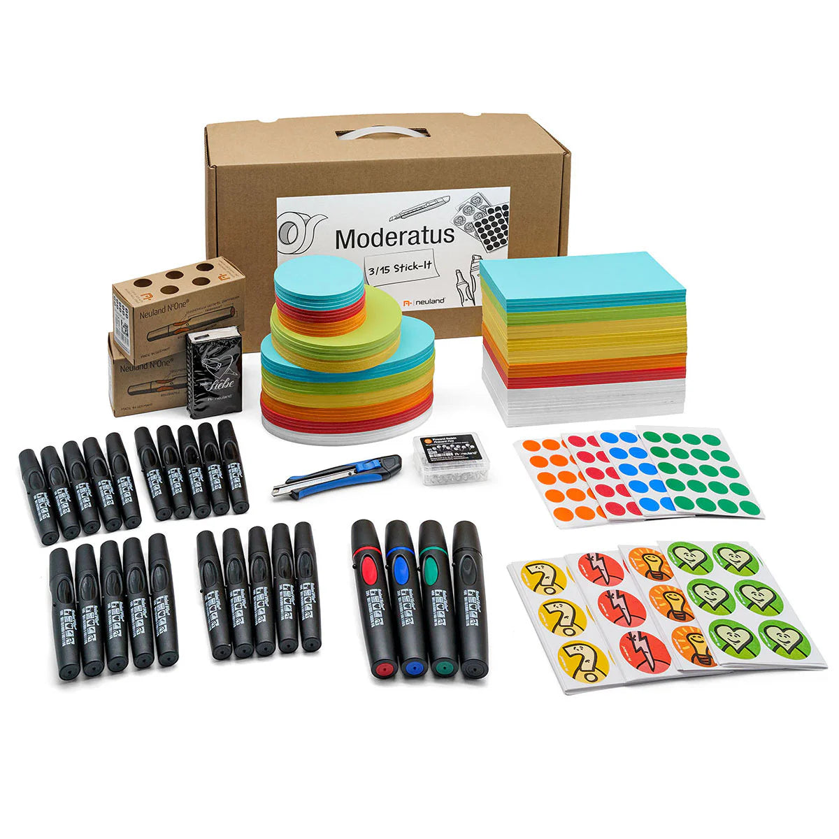 Neuland Moderatus® 3/15, Stick-It contains all the essential core workshop materials you need for up to 15 participants in a 3-day training session all conveniently organised and put together for you! With Stick-It Cards. Sold in UK by Inky Thinking online shop.