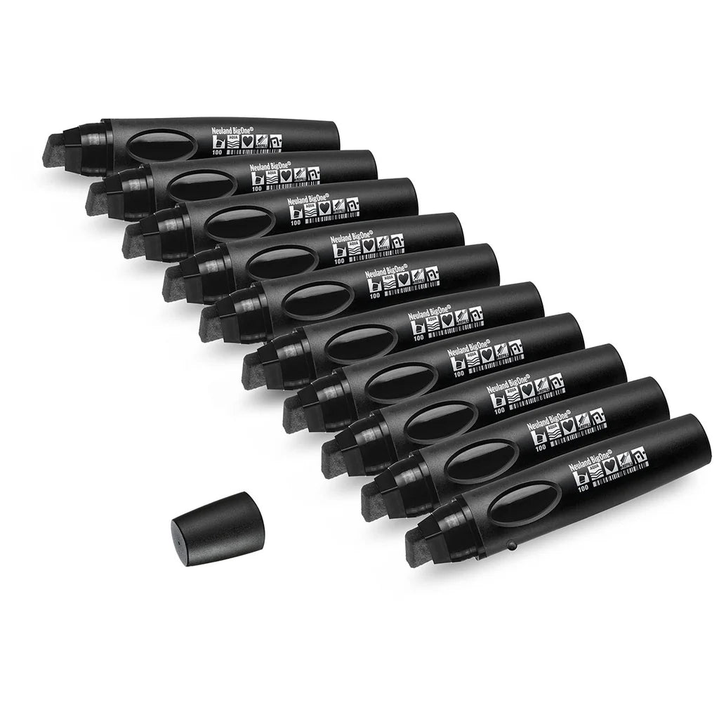 Set of 10 black refillable markers with visible Neuland brand name on a white background