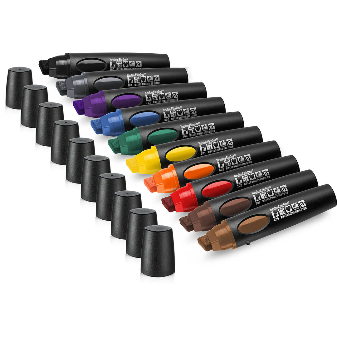 Neuland BigOne Wedge nib, set of 10 colours, midnight. Grey, black, Sold in UK by Inky Thinking. Set consists of Black, grey, purple, blue, green, yellow, orange, red, brown and brown .