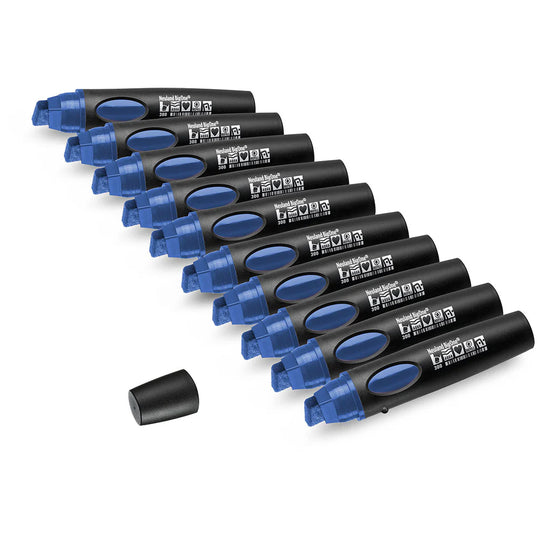 Set of 10 blue refillable markers with visible Neuland brand name on a white background