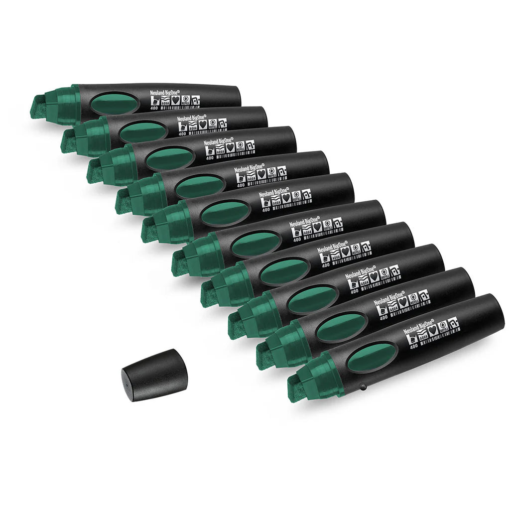 Set of 10 green refillable markers with visible Neuland brand name on a white background