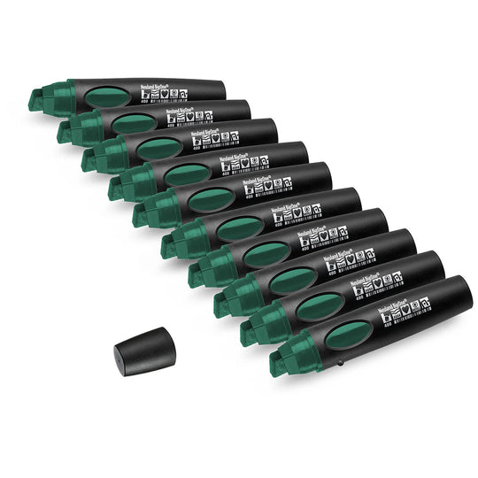 Set of 10 green refillable markers with visible Neuland brand name on a white background