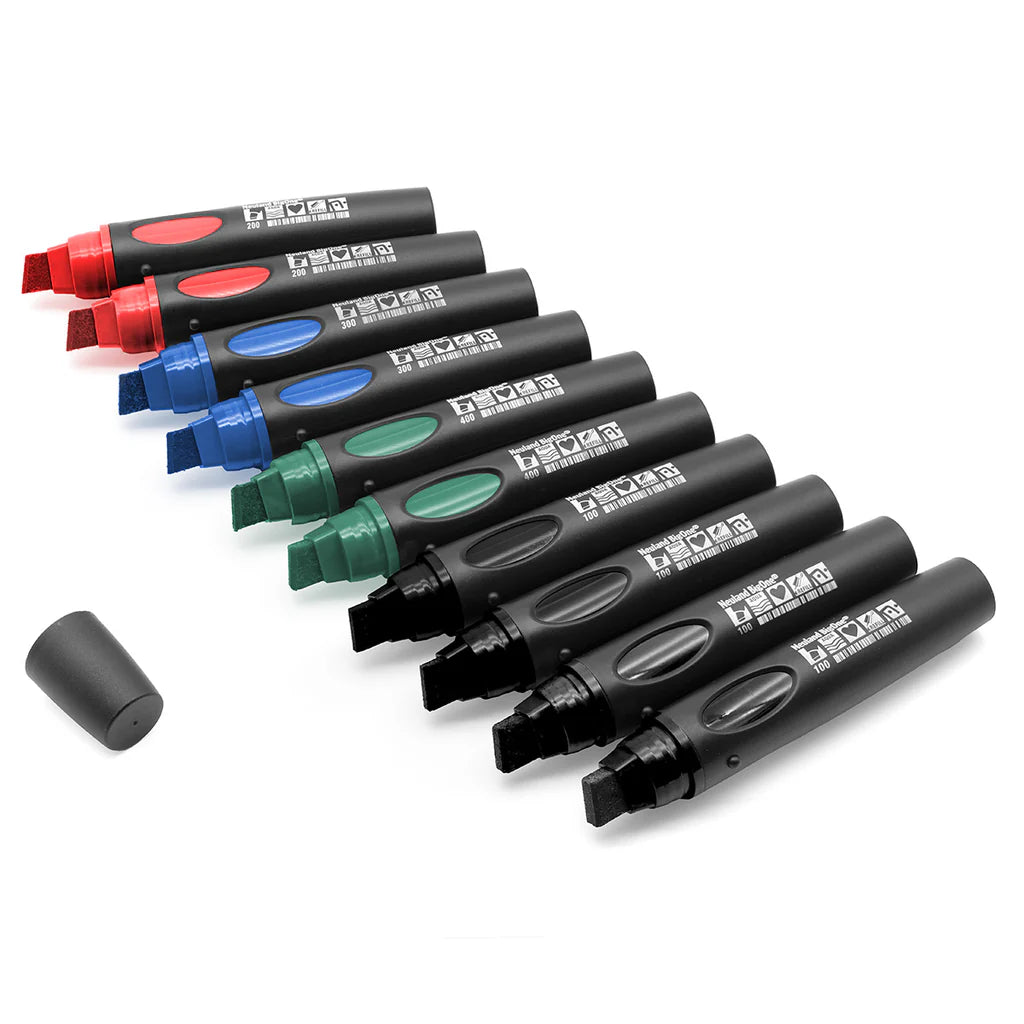 Set of 10 assorted corporate coloured refillable markers with visible Neuland brand name on a white background