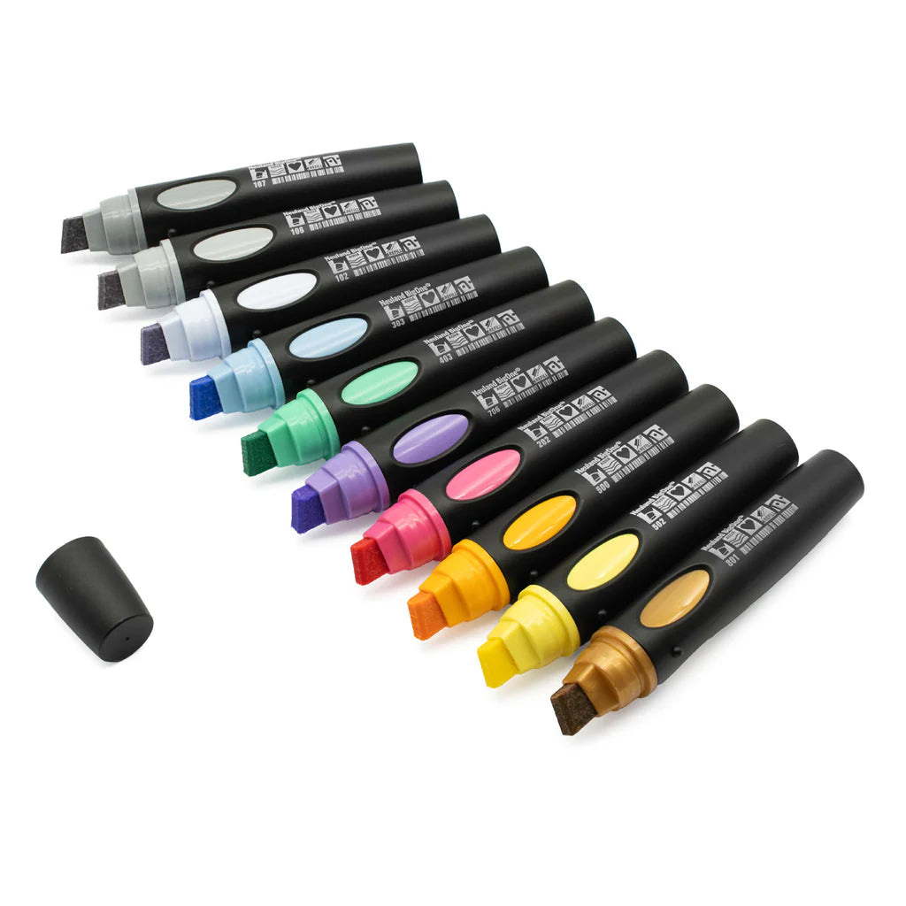 Set of colourful Neuland refillable BigOne markers on a white background