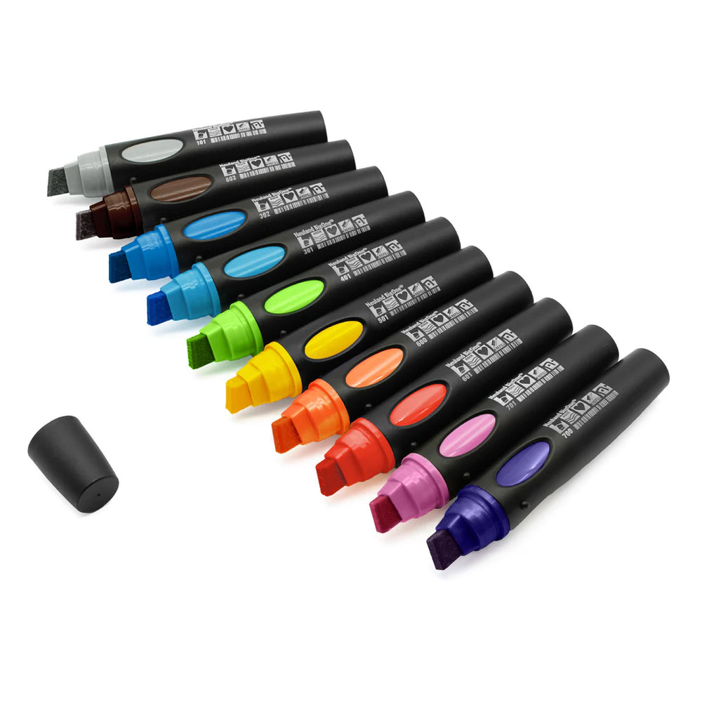 Set of colourful Neuland refillable BigOne markers on a white background
