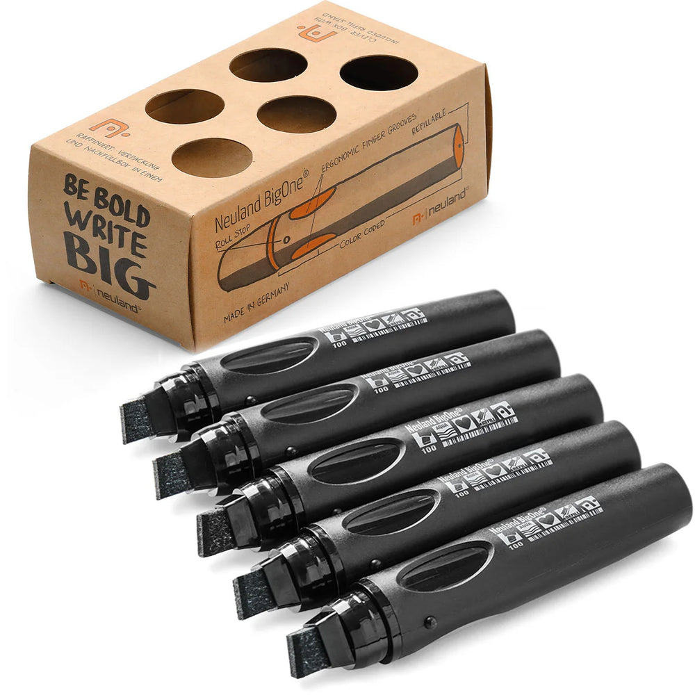 Black marker pens for meeting flipcharts. Neuland BigOne Wedge marker range. Sold by Inky Thinking UK.