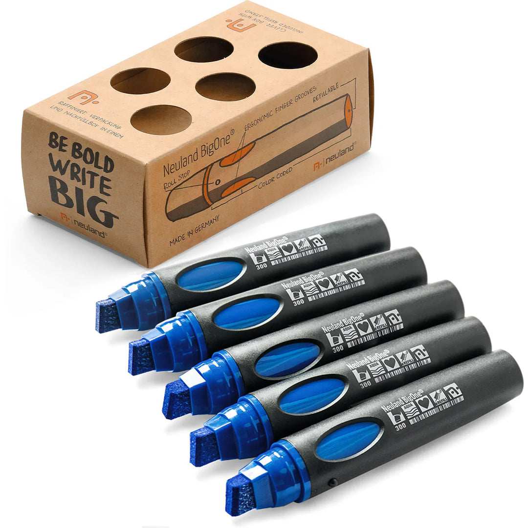 Blue marker pens for meeting flipcharts. Neuland BigOne Wedge marker range. Sold by Inky Thinking UK.