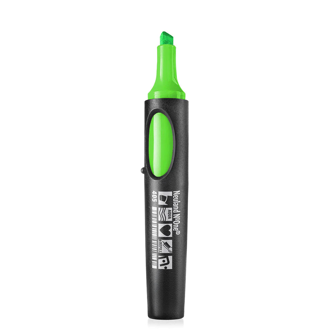 Neuland No.One Wedge nib marker, 405, neon green with refillable ink. Sold in UK via official Neuland GB reseller Inky Thinking Shop.