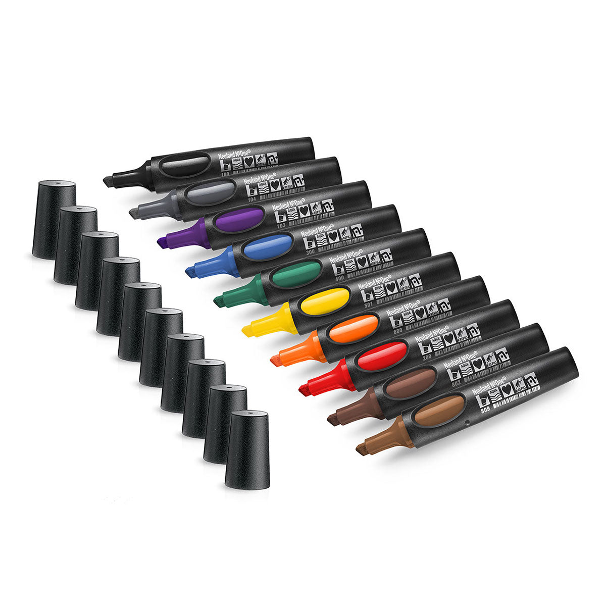 Neuland No.One® Wedge nib 2-6mm, Set of 10, Midnight sold in UK by Inky Thinking. Colours; black, grey, purple, blue, green, yellow, orange, red, brown and brown.