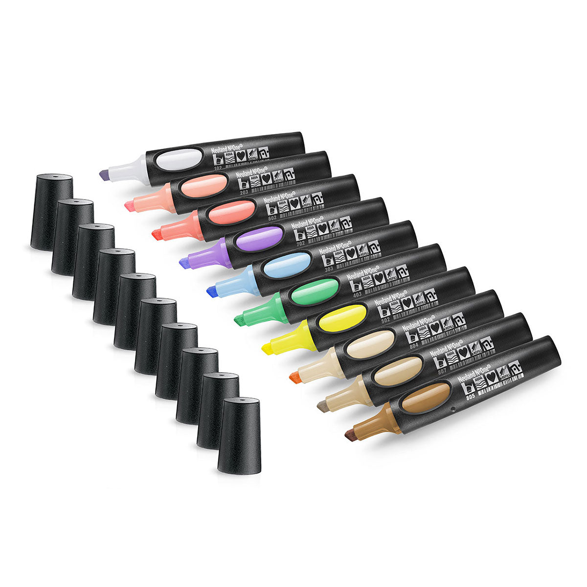 Neuland No.One wedge nib, set of 10, morning glow, sold in UK by Inky Thinking. Pastel colours: grey, pink, peach, purple, blue, green, yellow, skin, peach, brown.