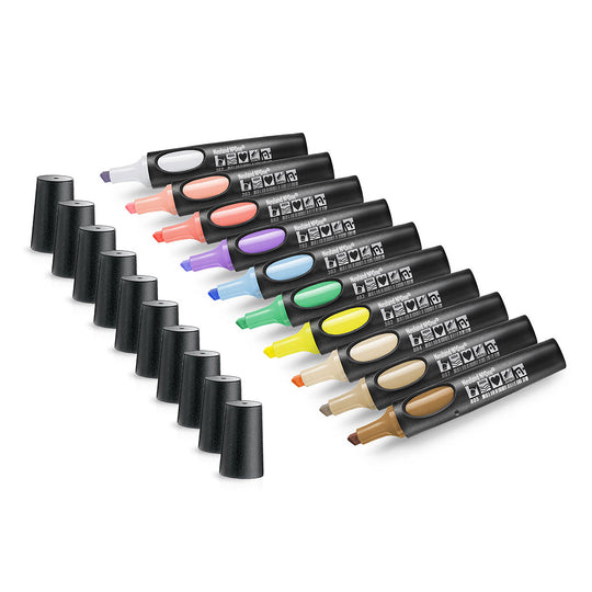 Neuland No.One wedge nib, set of 10, morning glow, sold in UK by Inky Thinking. Pastel colours: grey, pink, peach, purple, blue, green, yellow, skin, peach, brown.
