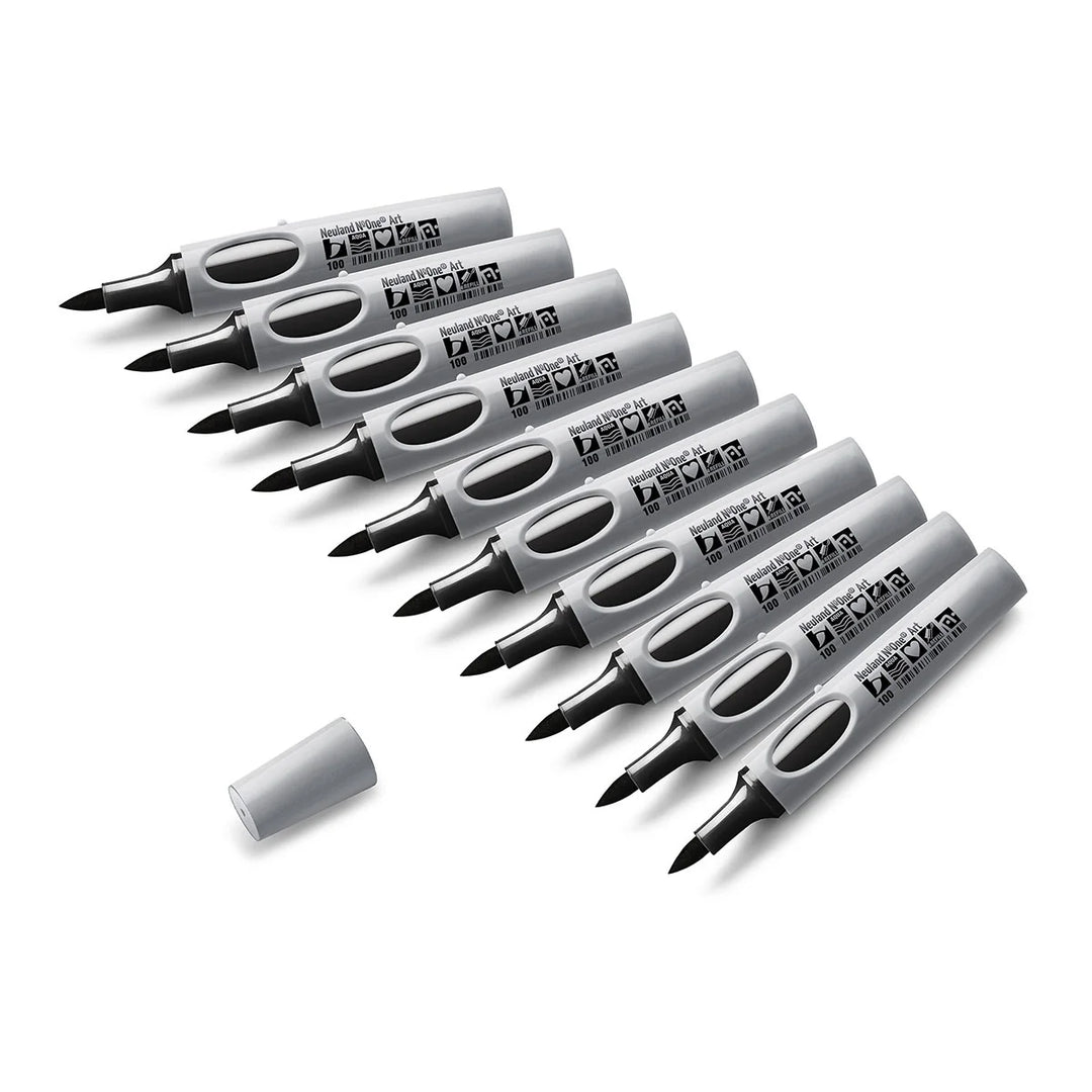 Set of 10 black refillable Neuland art brush markers on a white background
