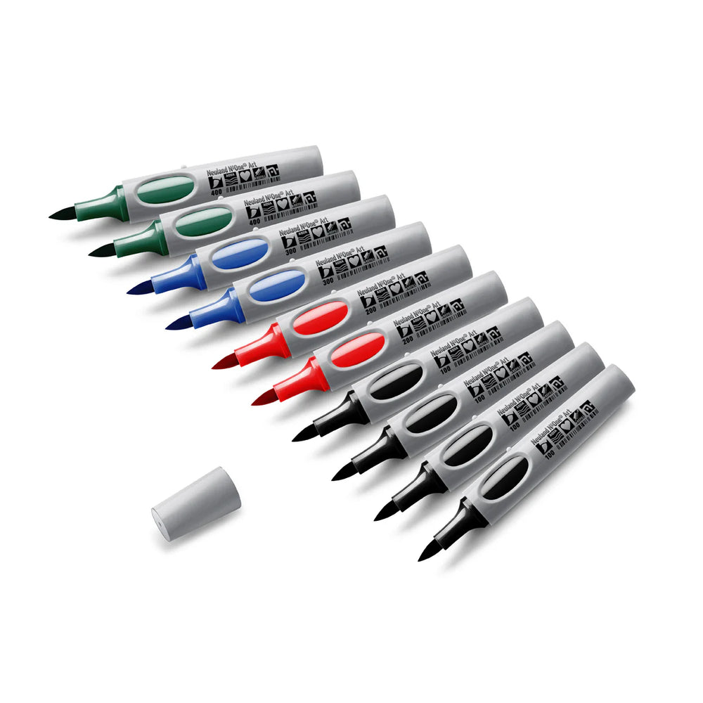 Set of 10 assorted Neuland refillable art brush markers, displayed in red, blue, green and black on white background.