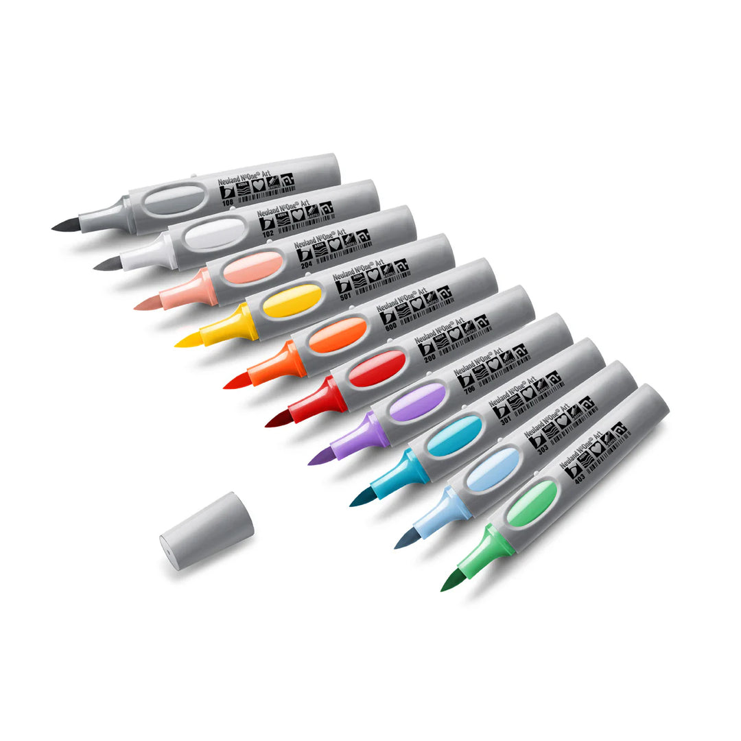 Set of 10 assorted Neuland refillable art brush markers, displayed in soft pastel tones on white background.
