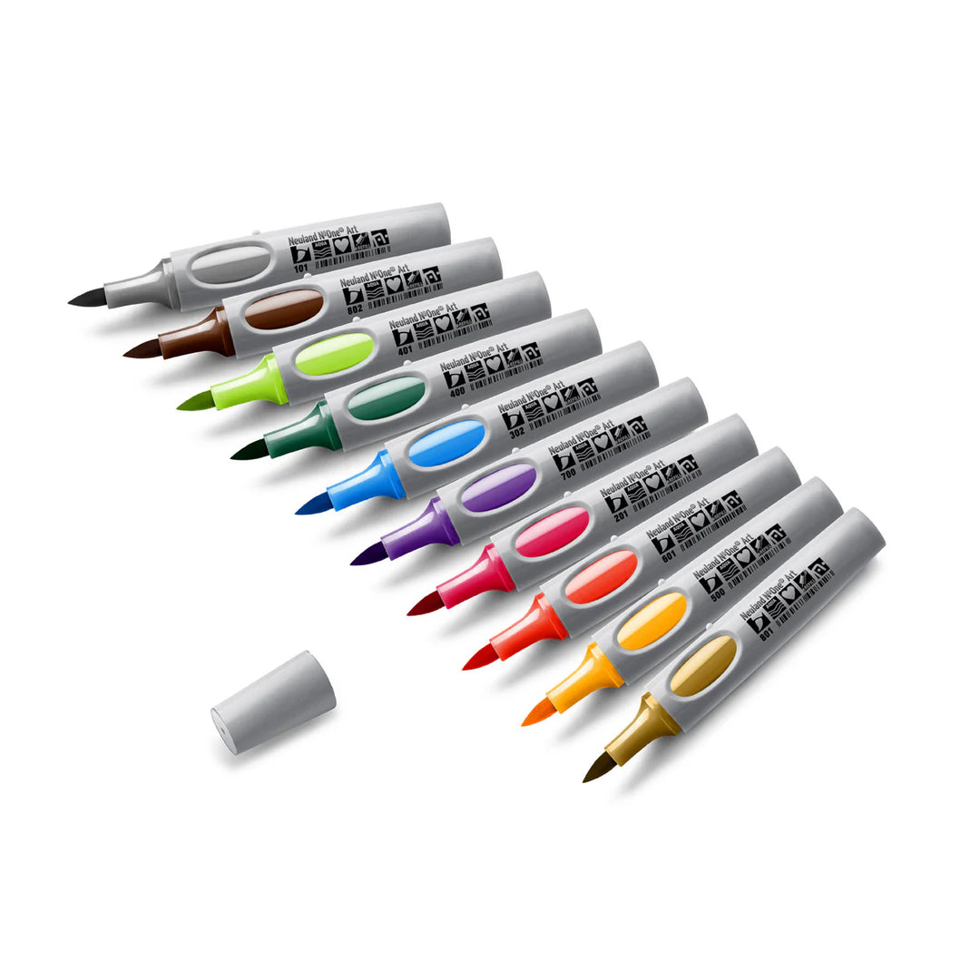 Set of 10 assorted Neuland refillable art brush markers, displayed in deep colour tones on white background.