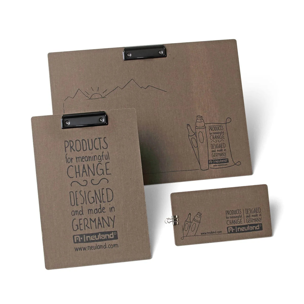 myClipBoard, Brown cardboard clipboard, 2.5 mm thick with black screen print, rounded corners, black clamping bracket or spring clamp.